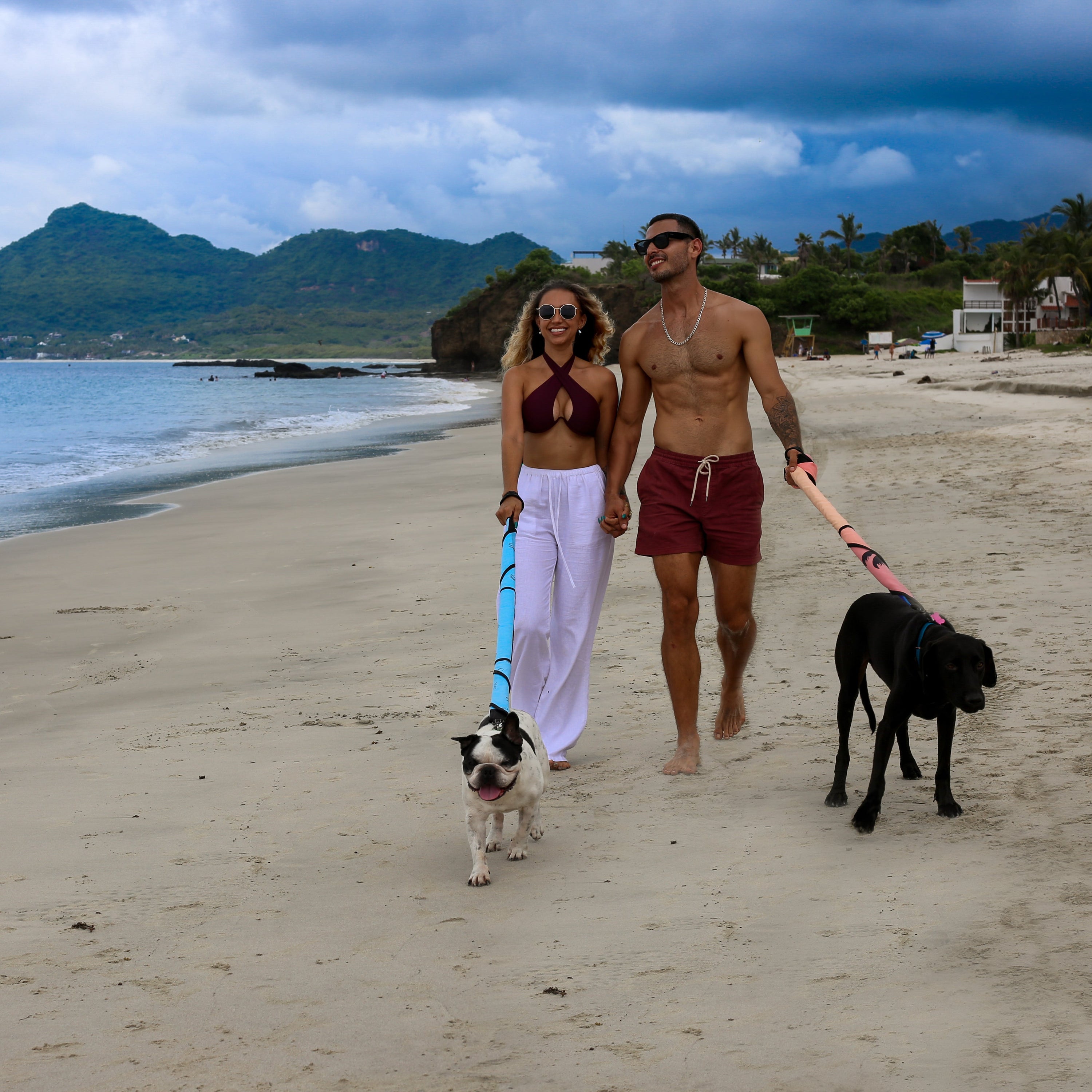 Couple walking dogs on the beach using Beach Leash in leash mode